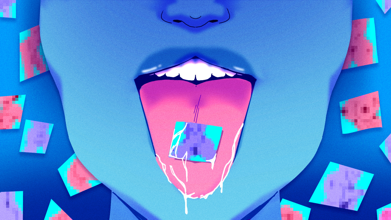 An illustration of a woman with her tongue sticking out with a small printed square of a blurred explicit image resting on it