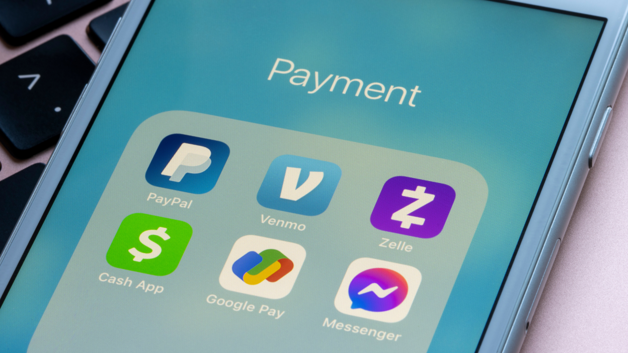 Assorted apps for peer-to-peer payment are seen on an iPhone, including PayPal, Venmo, Zelle, Cash App, Google Pay, and Facebook Messenger.