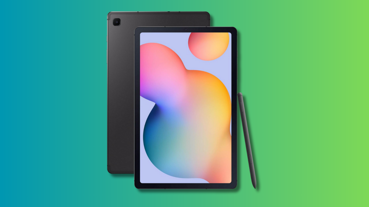 SAMSUNG Galaxy Tab S6 Lite on a teal and green gradient background.