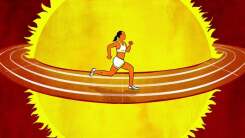 Cartoon style illustration of a runner on a track circling the sun. 