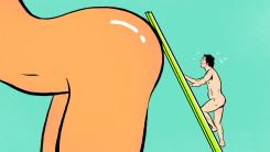 An illustration of a tiny naked man climbing up a ladder to have sex with a giant naked woman.