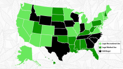 A color-coded map of the US with states shaded in different hues for where recreation and medical cannabis are legal or illegal