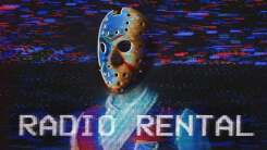 Radio Rental podcast logo: Someone with a retail uniform but wearing a Jason hockey mask, with the image filled with analogue video artifacts