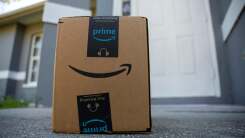 Amazon box in front porch of home 