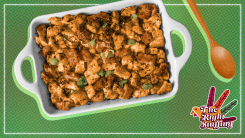 A casserole dish of stuffing.