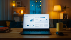 A laptop displaying bar graphs and line graphs, sitting on a table in a softly lit living room.