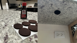 Furniture pads on kitchen counter, with vanilla extract next to them 