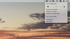 A macOS menu bar with the icon for the application Night Shift open. There are various options to configure the feature, including a dial to adjust how red everything is. 