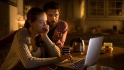 Couple stressed looking at laptop