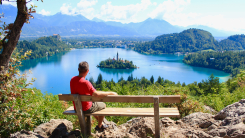 Man looking out at vista while sitting on bench