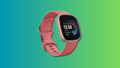 Fitbit Versa 4 amazon on a teal and green gradient background.