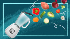 illustration of a food processor with an open lid and vegetables flying out of it