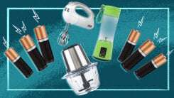 illustration of various handheld kitchen appliances and batteries floating on a blue background