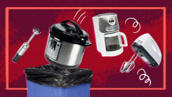 Art of an instant pot going into the trash with other appliances on red background.