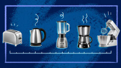 Art of small appliances on a blue background.