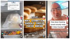 TikTok screenshots telling you to freeze your bread. The one on the right has the caption "How does freezing bread actually make it Keto friendly?"