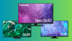 Samsung Neo QLED 4K QN90C Series Neo, Samsung 65-Inch S95C OLED TV, and Samsung Q80C on a teal and green gradient background.