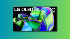 LG C3 65-Inch Evo OLED TV on a teal and green gradient background.