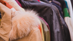 A close-up of winter coats hanging on a rack