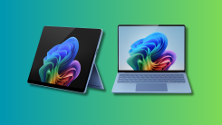 Surface Pro and Surface Laptop Copilot+ PC on a teal and green gradient background.