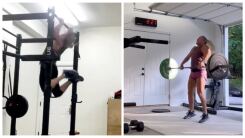 Two screenshots of videos of Marjorie Taylor Greene doing pullups and weightlifting in her home gym