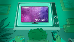 Man watching television screen displaying a Samsung Class Neo QLED 4K QN90C.