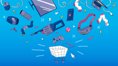 A cartoon art of Amazon Prime products flying off a shopping cart in a blue background.