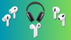 AirPods 2nd and 3rd generation, AirPod Pros, and AirPods Max on a teal and green gradient background.