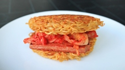 Ramen burger with SPAM and kimchi