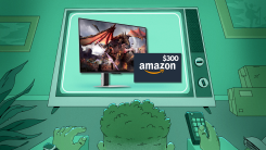 Man watching television screen displaying a SAMSUNG 32-Inch Odyssey OLED G8 (G80SD) 2024 with $300 Amazon Gift Card.