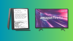 Amazon Fire TV 32" 2-Series and Amazon Kindle Scribe on a teal and green gradient background.