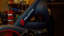 A closeup of the Peloton logo on a bike