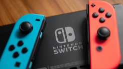 Nintendo switch Joy-Con controllers next to Switch box