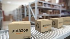 Amazon logo on cartons moving on conveyor. editorial looping animation 3D rendering