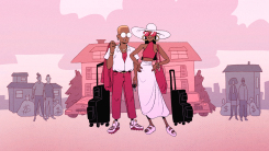 A couple with expensive looking vacation clothes and suitcases standing in front of a big house with fancy cars. 