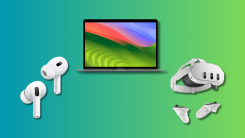 AirPods Pro (2nd Generation), Meta Quest 3, M1 Apple MacBook Air on a teal and green gradient background.