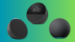 Amazon Echo Spot, Amazon Echo Dot, and Amazon Echo Pop on a teal and green gradient background.