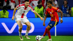 COLOGNE, GERMANY - 30 JUNE, 2024: Luka Lochoshvili, Lamine Yamal, The football match of EURO 2024 Spain vs Georgia at Rhein Energie Stadion