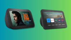 Echo Show 8 and Amazon Echo Show 5 on a teal and green gradient background.