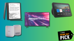 Echo Show 8, Amazon eero Max 7 mesh wifi router, Amazon Fire TV 40" 2-Series HD smart TV, Amazon Kindle Scribe on a teal and green gradient background.