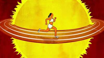 Cartoon style illustration of a runner on a track circling the sun. 