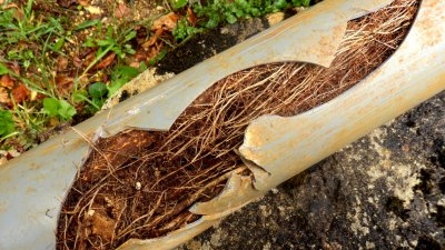 A split pipe filled with tree roots