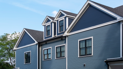 A blue duplex house facade in Boston, Massachusetts. 