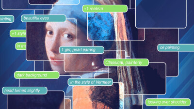 Illustration of famous "Girl with a Pearl Earring" painting as built with an AI algorithm