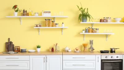 shelves on a yellow wall in a bright kitchen