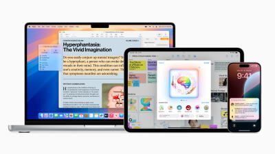 Apple Intelligence AI features shown across Mac, iPhone and iPad.