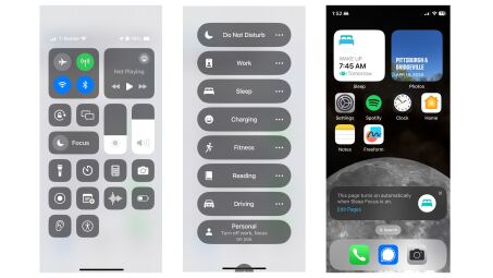 Screenshots: sleep mode in control center, focus selection, example of a sleep configured home screen.