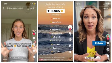 screenshots of TikToks telling you that foods will prevent sunburn