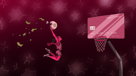 Basketball player dunking cash against credit card backboard.