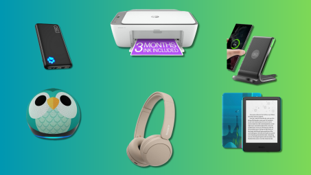 Echo Dot, Kindle Kids, INIU Portable Charger, INIU Wireless Charger, HP DeskJet 2755e, and Sony WH-CH520 on a teal and green gradient background.